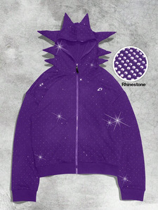 Sudadera con capucha morada con pedrería y cremallera para hombre, de algodón grueso, estilo urbano, transpirable, para invierno, de fábrica OEM - Product Image 2