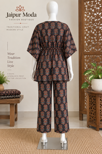 Conjunto de caftán negro estampado para mujer con pantalones palazzo de pierna ancha, elegante ropa informal étnica, conjunto de dos piezas para mujer - Product Image 5
