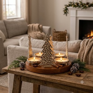 Porte-bougie en bois avec arbres de Noël en métal, bol à bougie chauffe-plat, centre de table rond, décoration festive pour la maison - Product Image 2