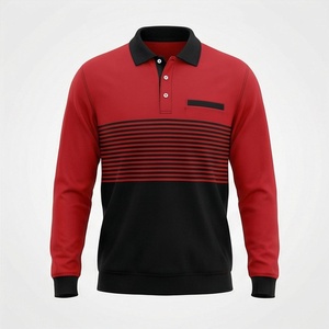 Polo à manches longues pour homme, rouge et noir, à blocs de couleur, design rayé, style décontracté, tricoté, avec poche sur le devant - Product Image 1