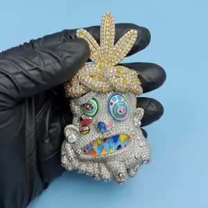 จี้การ์ตูนแบบ Iced Out เงินแท้ 925 สไตล์ฮิปฮอป ประดับด้วยหินหลากสี จี้รูปมงกุฎสีทอง จี้หน้าทรัฟฟิส สก็อตต์ จี้ตลกๆ สำหรับผู้ชาย - Product Image 2