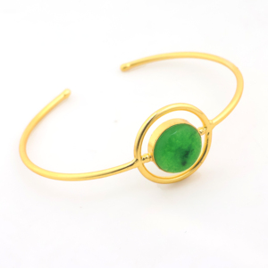 Handmade Classic 18K Gold Plated Oval Cut Green Jade Gemstone Brass Cuff Bangle | Adjustable Gemstone Bangle for Women Gift - Product Image 3