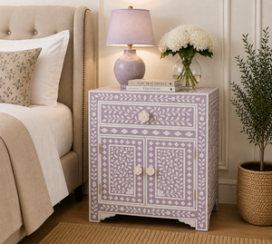 Mesa de Noche Decorativa de Resina con Incrustaciones de Hueso, con Cajón y Puertas, Mesa Auxiliar, Mesita de Noche con Incrustaciones de Hueso, Gabinete de Lujo para Dormitorio - Product Image 4