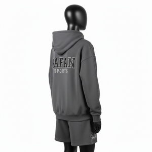 Conjunto de Sudadera con Capucha y Pantalones Cortos para Mujer, 320 GSM, Algodón Grueso, Forro Polar, Gris Carbón, Logotipo con Pedrería Brillante, Transferencia Térmica - Product Image 5