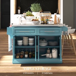 Isola da Cucina Portatile Blu Teal in Rovere con 2 Cassetti, Porta Spezie, Portasciugamani, Carrello Mobile con Ruote Nascoste per Sala da Pranzo Domestica - Product Image 4