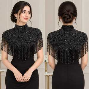 Black Beaded <b>Fringe</b> Capelet Wedding <b>Jacket</b> Wrap hand Embroidery - Product Image 3