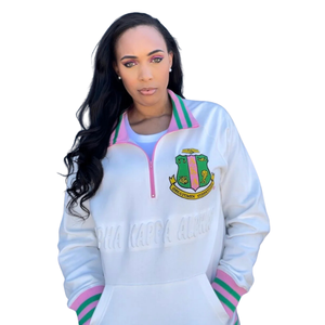   Sweat-shirt unisexe à col zippé, blanc, en polaire premium, style grec décontracté, vêtement d'extérieur blanc et vert - Product Image 3