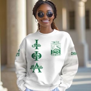 Sudadera Universitaria Personalizada Iota Phi Lambda, Blanca con Verde Esmeralda, con el Escudo de la Hermandad Griega, Desde 1929, para Mujer, Tallas Grandes - Product Image 1