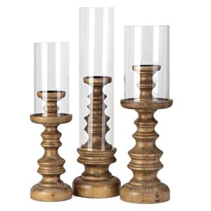 Ensemble de 3 bougeoirs en bois de luxe avec abat-jour en verre de différentes hauteurs - Product Image 1
