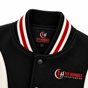<b>Fly</b> Humble <b>Men's</b> Varsity <b>Jacket</b> Black White Red Stripe Sleeve Logo Patch Style Turn-down Collar Single Button wholesale - Product Image 6