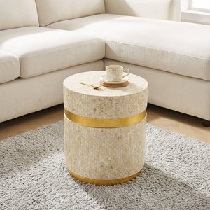 Round Mosaic Mother of Pearl Side Table With Gold Band Contemporary Bedside Decorative Wardrobes End Table For Living Room - Product Image 2