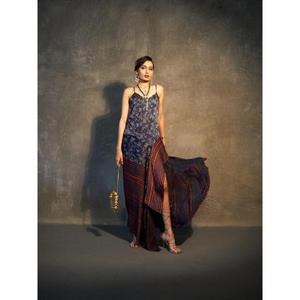 Fluid High–low Dress Fluttergarden Print Symmetric Rustic Stripes Hem Thin <b>Straps</b> V-neckline Dramatic Short To Long Drape - Product Image 3