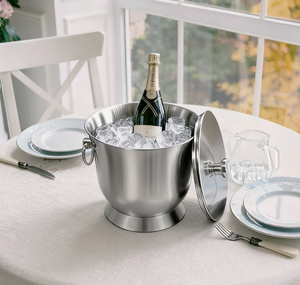 Seau à glace moderne en acier inoxydable mat avec couvercle, refroidisseur de bouteilles de vin sur pied avec poignées latérales pour table - Product Image 1