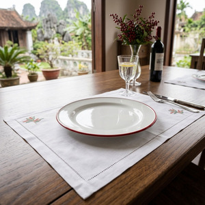 Custom Wholesale Embroidery Red Flower Placemat&Napkin Set White Cotton Hemstitch <b>Mats</b> for Home Restaurant Events - Product Image 3