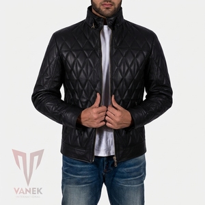 2026 NEW Men's Black Quilted <b>Leather</b> Biker <b>Jacket</b> Stand Collar Zipper Closure Slim Fit <b>Winter</b> Wear Windproof HIGH STREET Style - Product Image 1