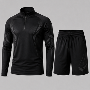 Men's Blue Printed Quarter-<b>Zip</b> Long Sleeve Top and Shorts Set 100% Polyester 3D Print Quick Dry Sporty Summer Wear Front Logo - Product Image 2