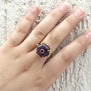Fashion cocktail <b>ring</b> natural amethyst with black cz <b>adjustable</b> <b>ring</b> beaded designer 18k gold plated brushed finish band <b>rings</b> - Product Image 3
