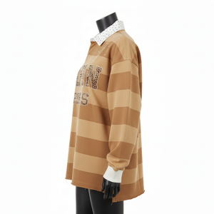 Camiseta de Rugby para Mujer, Tejido Jersey de Algodón Grueso de 260 GSM, Color Marrón Beige con Paneles a Rayas, Logotipo con Pedrería, Personalizada - Product Image 3