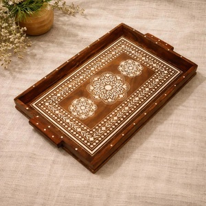 Bone Inlay Tray Wooden Serving Tray with Floral Design Handmade Luxury Coffee <b>Table</b> Decor - Product Image 4