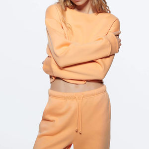 Conjunto Deportivo Informal de Manga Larga con Top Corto, Estilo Fleece, Técnica de Teñido Liso, para Uso Diario - Product Image 3