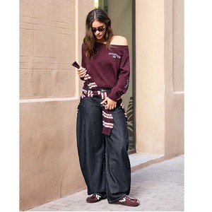 Women's Asymmetric Off-Shoulder Sweatshirt <b>Pink</b> Letter Print Drop-Shoulder <b>Long</b> <b>Sleeve</b> Oversized Knitted <b>Top</b> Casual Style - Product Image 3