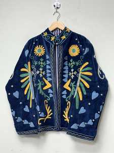 Luxury Handmade Stunning Blue <b>Velvet</b> Suzani Embroidered Jacket Boho Floral Peace Statement Kimono <b>Coat</b> Indian Artisan Outerwear - Product Image 3