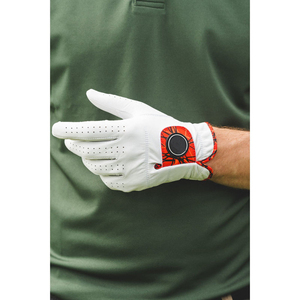 Gant de golf pour main droite, blanc avec motif rouge et noir, en cuir véritable, antidérapant, fermeture auto-agrippante, unisexe, pour usage sportif - Product Image 5
