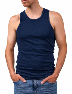 เสื้อกล้ามผู้ชายสีกรมท่า ผ้าฝ้ายถัก คอโอ ทรงเรียบง่าย สวมใส่สบาย - Product Image 1