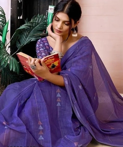 Sari de Lino y Algodón Morado Elegante para Mujer KV con Diseño de Motivos Geométricos, Sin Arrugas y Reversible, para Uso Casual de Otoño - Product Image 1