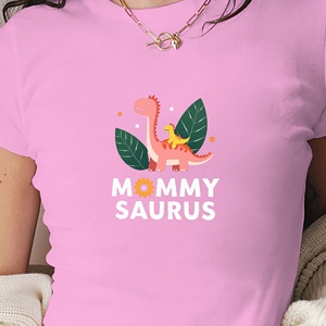 MOMMY SAURUS T-shirt tricoté à manches courtes pour femme, coupe slim, imprimé dinosaure, Y2K - Product Image 2