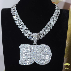 Iced Out " BG " <b>Initial</b> Pendant <b>Necklace</b> <b>Silver</b> Moissanite Diamond Cuban Link Hip Hop Jewelry Gift For Him - Product Image 1