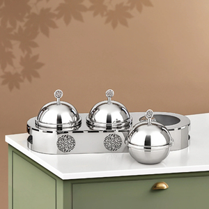 Ensemble de bols de service traditionnels en bois avec couvercles sur plateau métallique, design rond, pour la table de fête, la maison, le Ramadan, les dîners. - Product Image 5