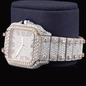 Reloj de Lujo con Caja Cuadrada, Esfera con Números Romanos, Totalmente Adornado con Diamantes Moissanite, Acero Inoxidable de Dos Tonos, Joyería Personalizada Nueva - Product Image 3