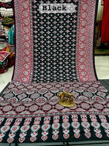 Real Mirror Work <b>Saree</b> Ajarkh Print Soft <b>Satin</b> Silk Fabric Beautiful Tussle Eco Friendly Quick Dry Woven Running Blouse Women - Product Image 4