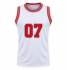 Maillot de basket personnalisé blanc et rouge, numéro 07, impression par sublimation, sans manches, unisexe, adulte, vêtements de sport anti-transpiration - Product Image 1