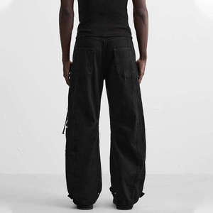 Jean cargo noir pour homme, coupe ample, taille mi-haute, en denim, avec plusieurs poches, style streetwear automne - Product Image 6
