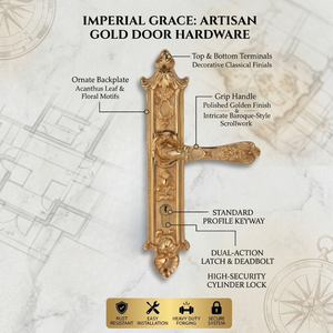 Placa de Manija de Puerta de Latón de Lujo Imperial Grace |   Manija de Palanca Moderna con Grabado Floral y Cerradura para Puertas de Madera de Apartamentos, Duradera - Product Image 3