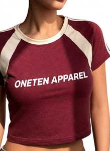 ONETEN APPAREL Camiseta Corta para Mujer, Color Granate y Blanco, Manga Raglán, Cuello Redondo, Manga Corta, Jersey de Algodón, Informal - Product Image 5