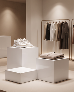 Prix d'usine – Personnalisé pour présentoirs d'angle autoportants modernes en plastique blanc pré-assemblés pour buffets et vêtements - Product Image 4