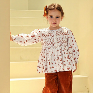 Ensemble haut smocké à fleurs et pantalon en velours côtelé large pour filles, ODM OEM, vêtements décontractés 100% coton certifié OEKO-TEX - Product Image 1