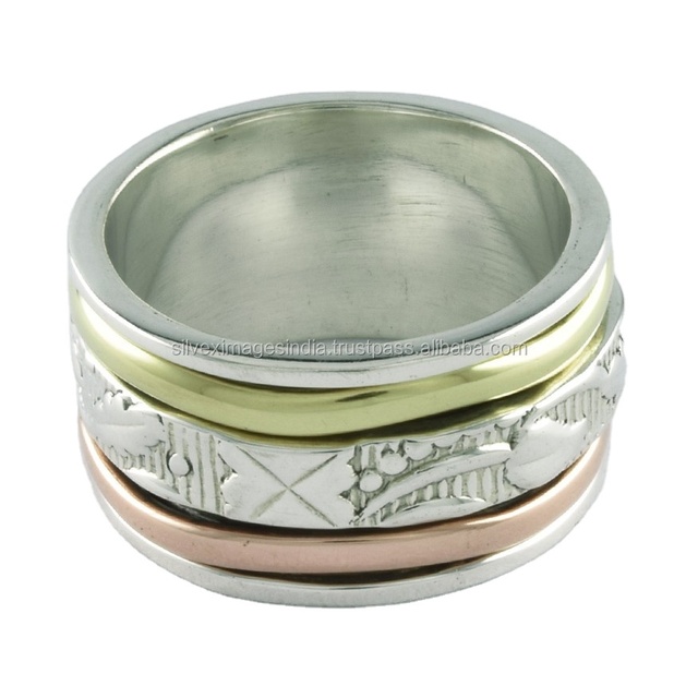 Handmade 92.5 Sterling Silver Unisex Spinner Ring Triple Tone Vintage Invisible Setting Jewelry for Weddings Parties