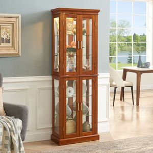 <b>Walnut</b> 6-Tier Lighted Curio Display Cabinet with Tempered Glass Doors & Adjustable Shelves <b>Mirrored</b> Back Panel - Product Image 2