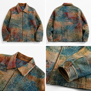 Wholesale Custom Plus Size Vintage Embroidered Loose Canvas Jacquard Bomber <b>Jacket</b> for <b>Men</b> Front <b>Letter</b> Pattern Zipper Closure - Product Image 2