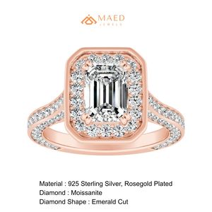 Bague de fiançailles de luxe plaquée or rose avec moissanite taille émeraude et pierres latérales serties, cadeau idéal pour femme, mariage, fête ou anniversaire - Product Image 6