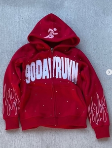 <b>Red</b> Hooded Pullover Sweatshirt with Rhinestone Lettering and <b>Glitter</b> Print Unisex Regular Fit Winter Wear 100% Cotton Fleece - Product Image 1