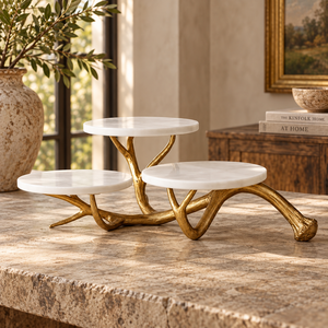 Multi-Layer Heat Resistant Oven Safe <b>Cake</b> Stand with <b>Gold</b> Resin Base and White Marble <b>Tops</b> Handmade Three Tier Design - Product Image 4
