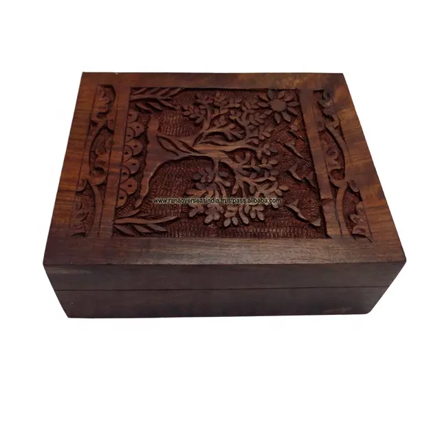 Handmade Decorative Square Wooden Jewelry Box Organizer With Tree Carving For Women & Girls