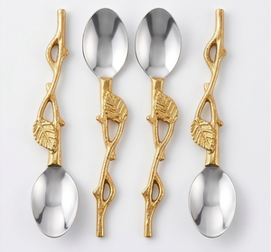 Ensemble de couverts à manches dorées motif feuille, élégant et stylé, parfait pour la table à manger, les essentiels de cuisine et les cadeaux. - Product Image 1