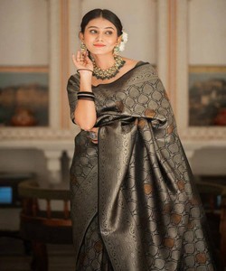 Traditional Indian Silk Saree With Border Pattern For Wedding Wear Women's Floor Length Banarasi Style Sari Grey And Brown - Product Image 3