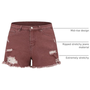 Shorts en jean déchirés taille haute pour femme, style décontracté d'été, couleur unie, coupe boyfriend, avec ourlet effiloché et trous. - Product Image 6